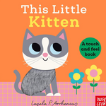 Book cover of 'This Little Kitten' with a cat illustration on an orange background. Available at Be Charmed