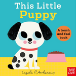 Book cover of 'This Little Puppy' with a cartoon dog and text on a blue and yellow background. Available at Be Charmed