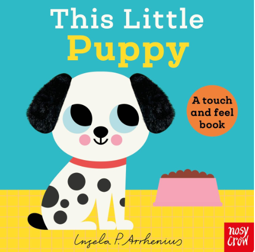 Book cover of 'This Little Puppy' with a cartoon dog and text on a blue and yellow background. Available at Be Charmed