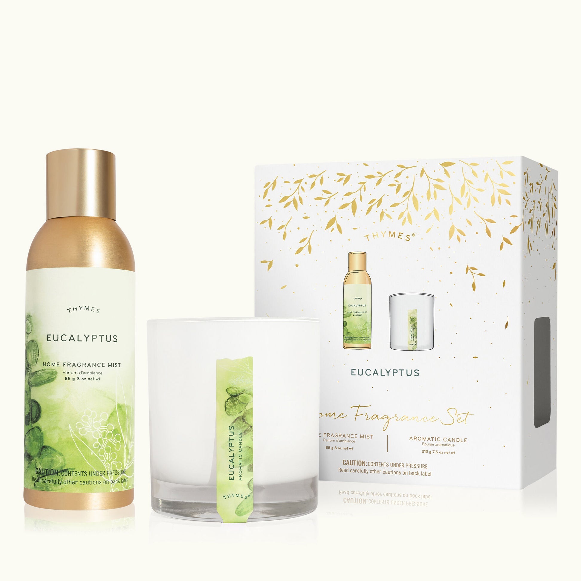 Thymes Eucalyptus Home Fragrance Gift Set with candle and diffuser for a refreshing, spa-like aroma. Available at Be Charmed.