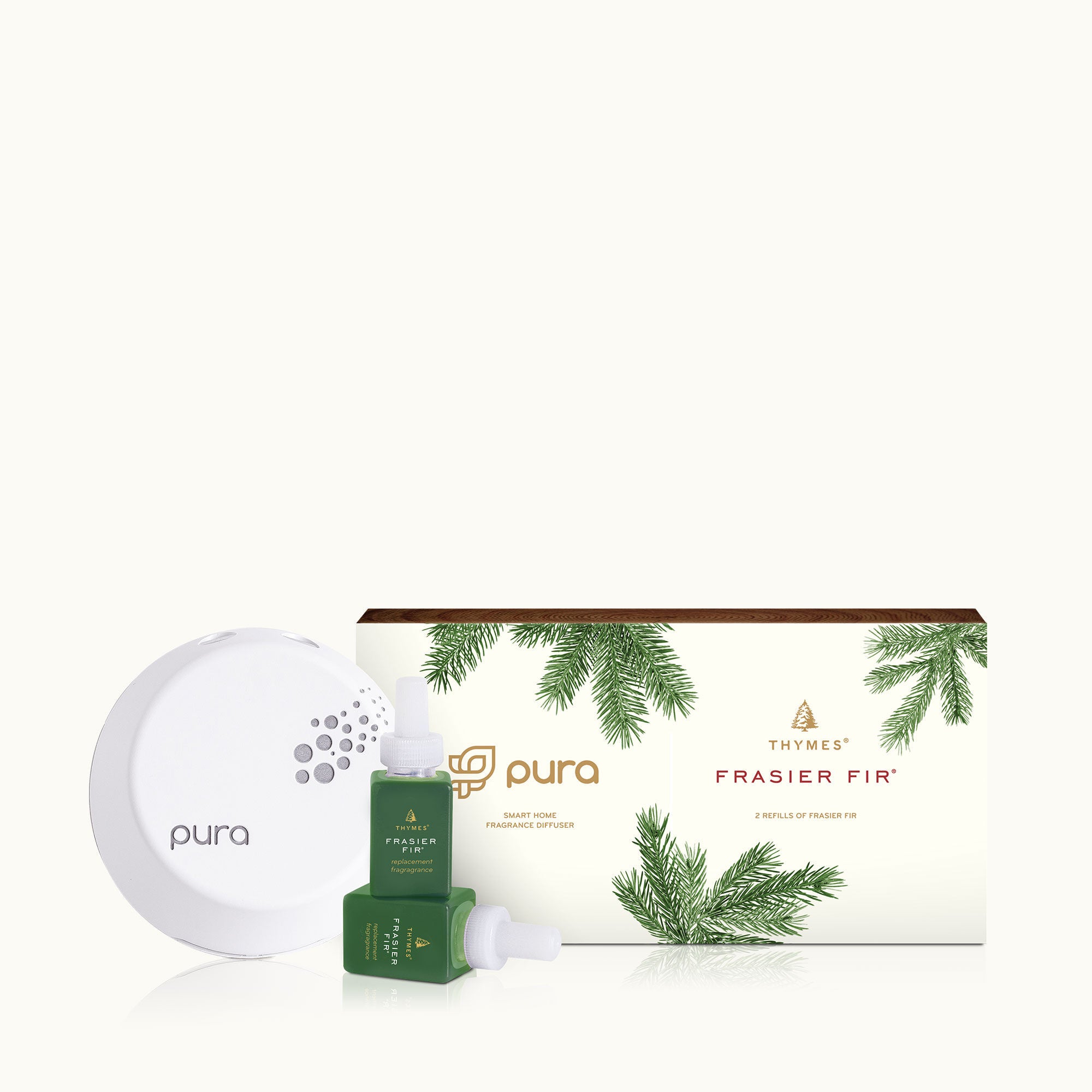 Thymes Frasier Fir Pura Machine Set with fragrance diffuser and refill for a fresh pine aroma. Available at Be Charmed.