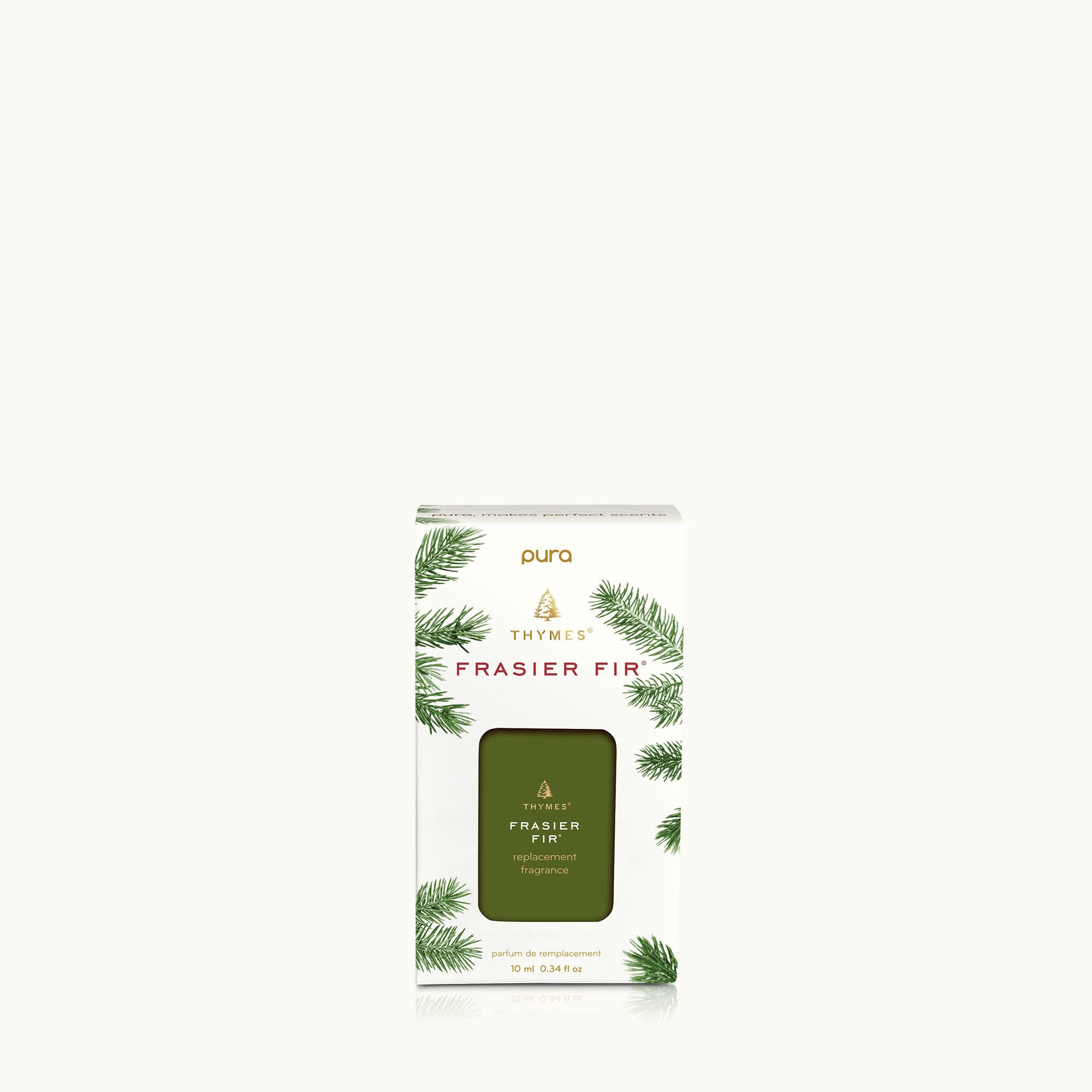 A package of Thymes Frasier Fir Pura Refill for smart home diffusers, featuring a green and white label with a sprig of fir branches. Available at Be Charmed