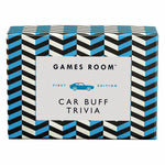 Games Room Car Buff Trivia card game box featuring a bold black, white, and blue chevron pattern with a white center label. Available at Be Charmed