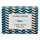 Games Room Car Buff Trivia card game box featuring a bold black, white, and blue chevron pattern with a white center label. Available at Be Charmed