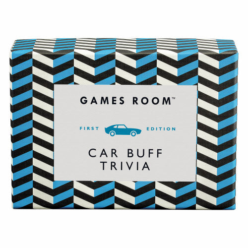 Games Room Car Buff Trivia card game box featuring a bold black, white, and blue chevron pattern with a white center label. Available at Be Charmed