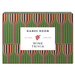 A rectangular product box for a wine trivia game set, featuring a retro pattern of green and orange striped wine bottles with a white label in the center that reads 'GAMES ROOM' and 'WINE TRIVIA'. Available at Be Charmed
