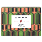 A rectangular product box for a wine trivia game set, featuring a retro pattern of green and orange striped wine bottles with a white label in the center that reads 'GAMES ROOM' and 'WINE TRIVIA'. Available at Be Charmed