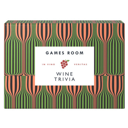 A rectangular product box for a wine trivia game set, featuring a retro pattern of green and orange striped wine bottles with a white label in the center that reads 'GAMES ROOM' and 'WINE TRIVIA'. Available at Be Charmed