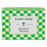 Green and white geometric-patterned box of 'Games Room Sports Trivia' on a white background. Available at Be Charmed