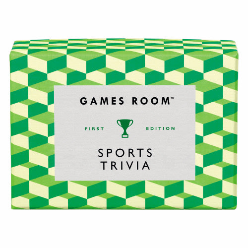Green and white geometric-patterned box of 'Games Room Sports Trivia' on a white background. Available at Be Charmed