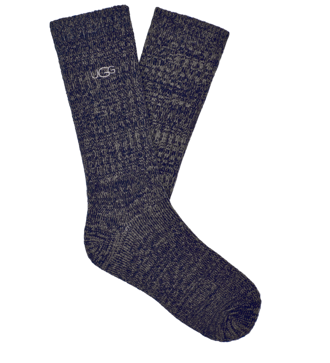 Pair of dark blue socks with a brand logo on a white background. Available at Be Charmed
