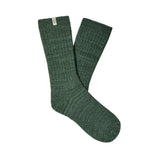 A pair of dark green ribbed knit UGG crew socks displayed against a white background. Available at Be Charmed