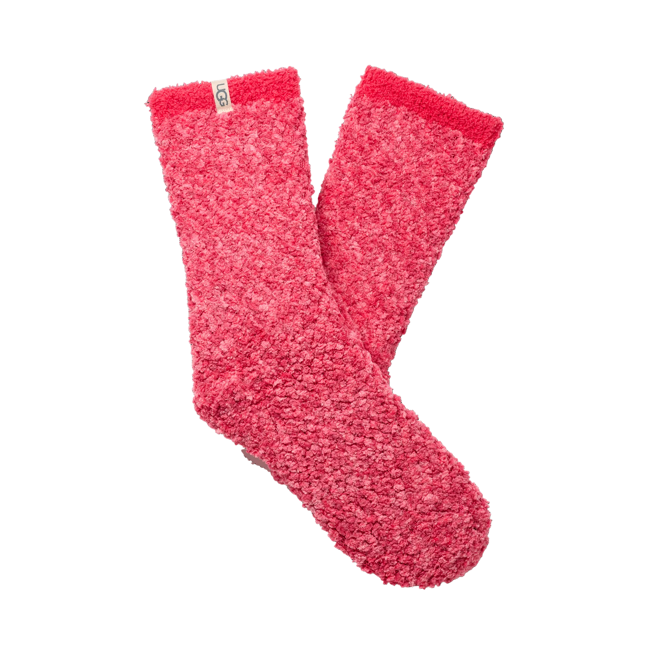 Pair of UGG pink fuzzy socks on a white background. Available at Be Charmed. 