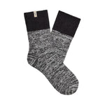 A pair of UGG rib knit slouchy quarter socks with a black ribbed cuff and a black-and-white heathered knit body, displayed on a white background. Available at Be Charmed
