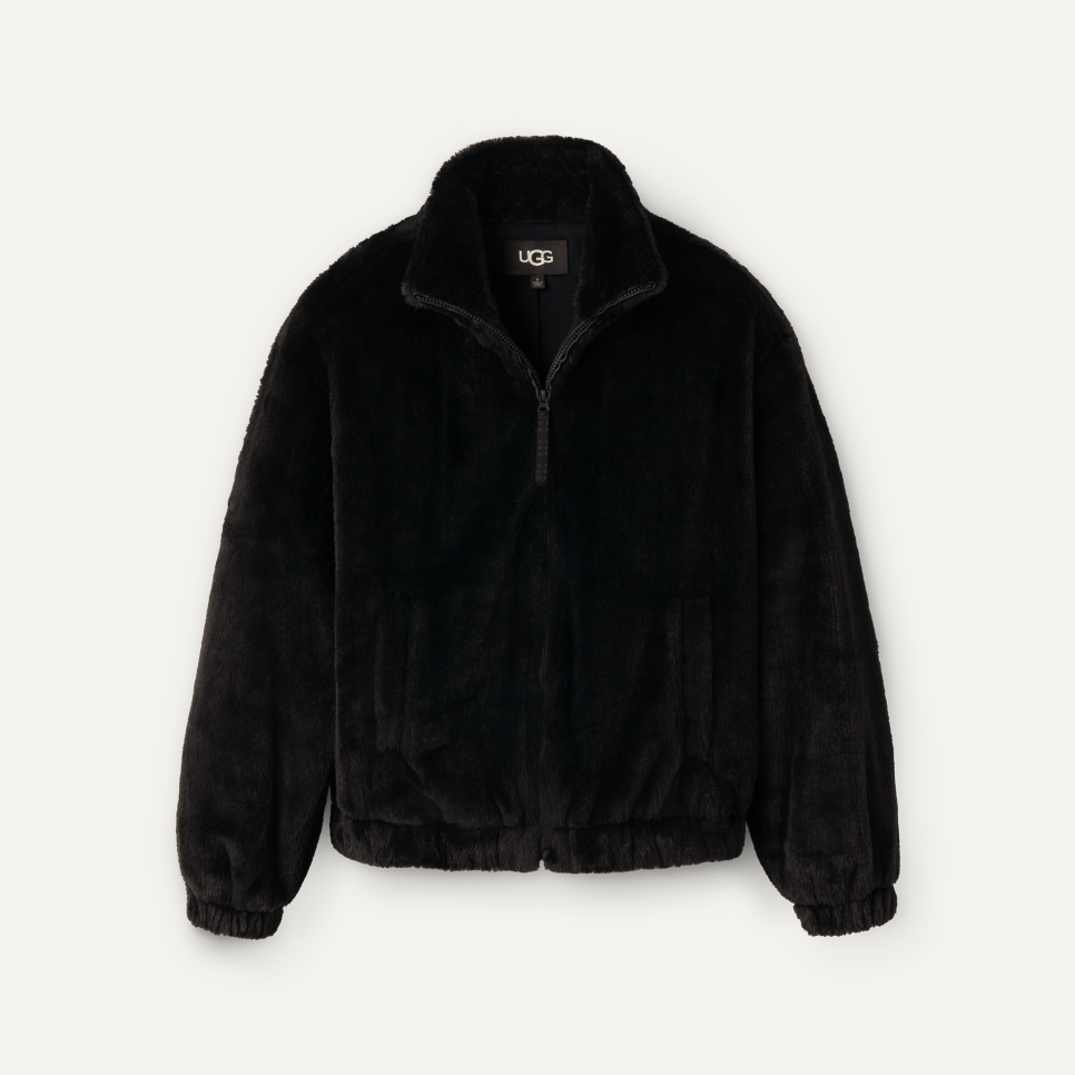 UGG Tash Faux Fur Jacket in Black – chic and cozy women’s outerwear with a modern silhouette. Available at Be Charmed.