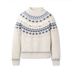 A cream-colored UGG knit sweater featuring a grey and beige Fair Isle pattern with the brand name 'UGG' woven across the chest, displayed on a clean white background. Available at Be Charmed