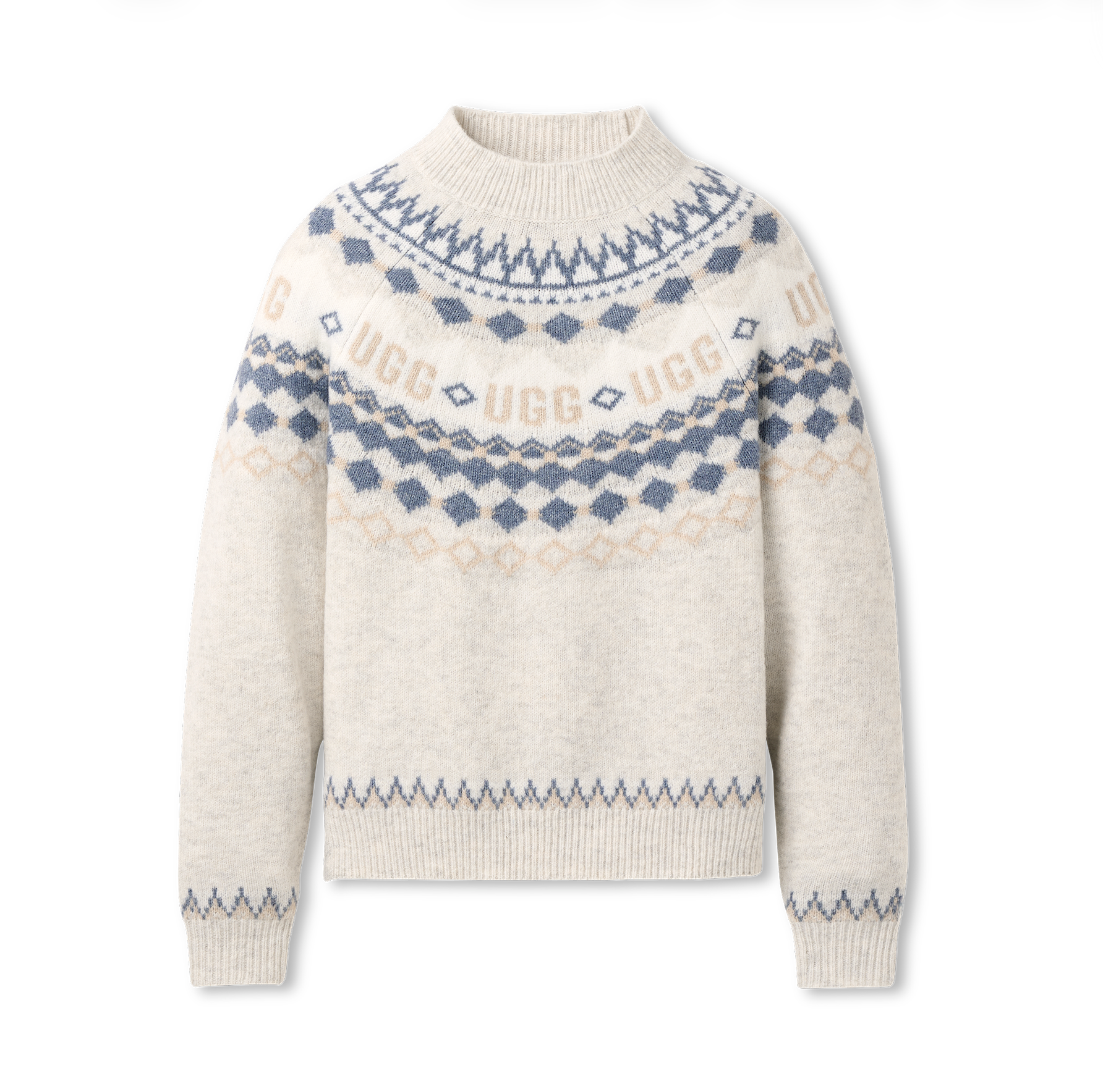 A cream-colored UGG knit sweater featuring a grey and beige Fair Isle pattern with the brand name 'UGG' woven across the chest, displayed on a clean white background. Available at Be Charmed