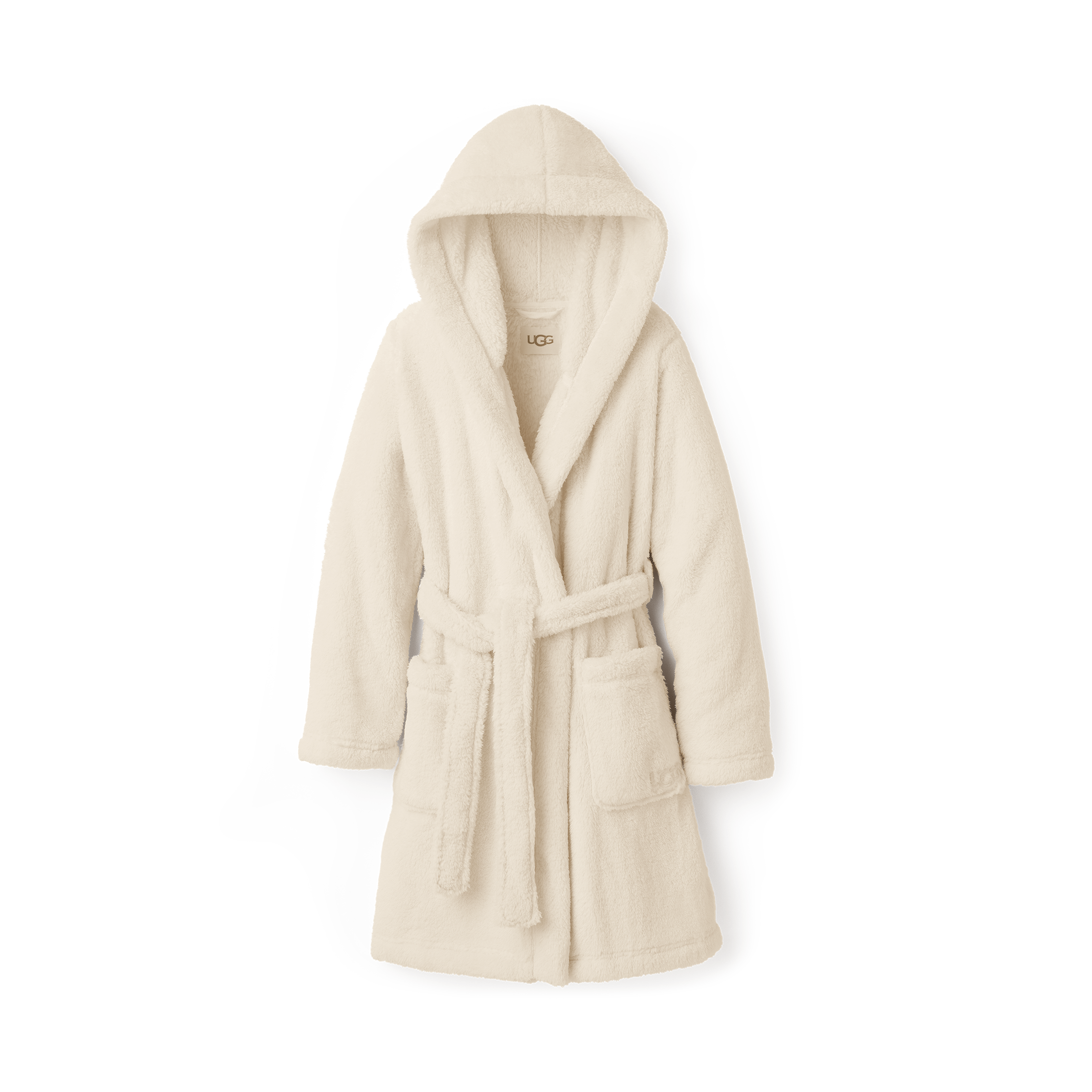 cream ugg fluffy robe with hood on a white background