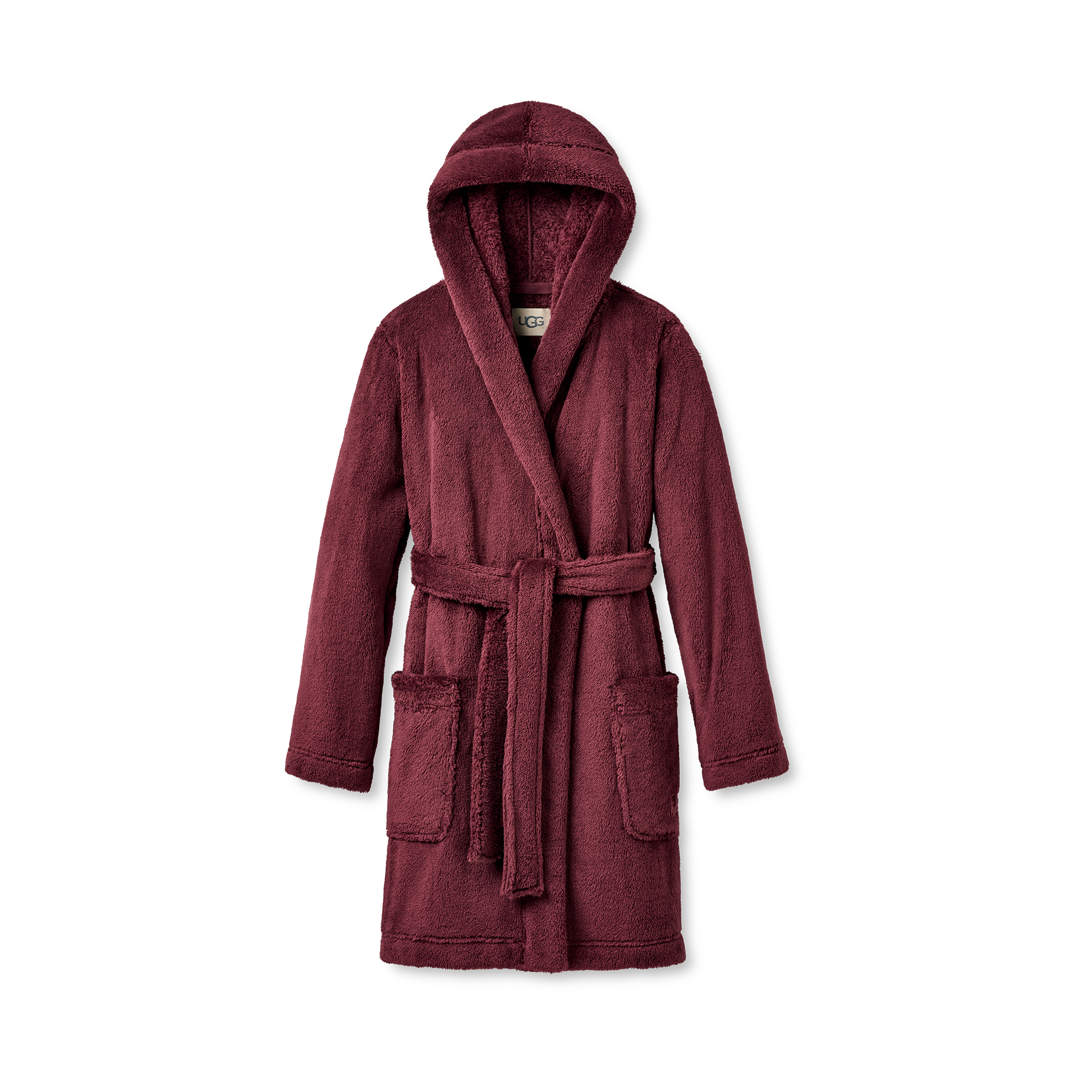 Maroon hooded ugg fluffy soft robe on a white background. Available at Be Charmed