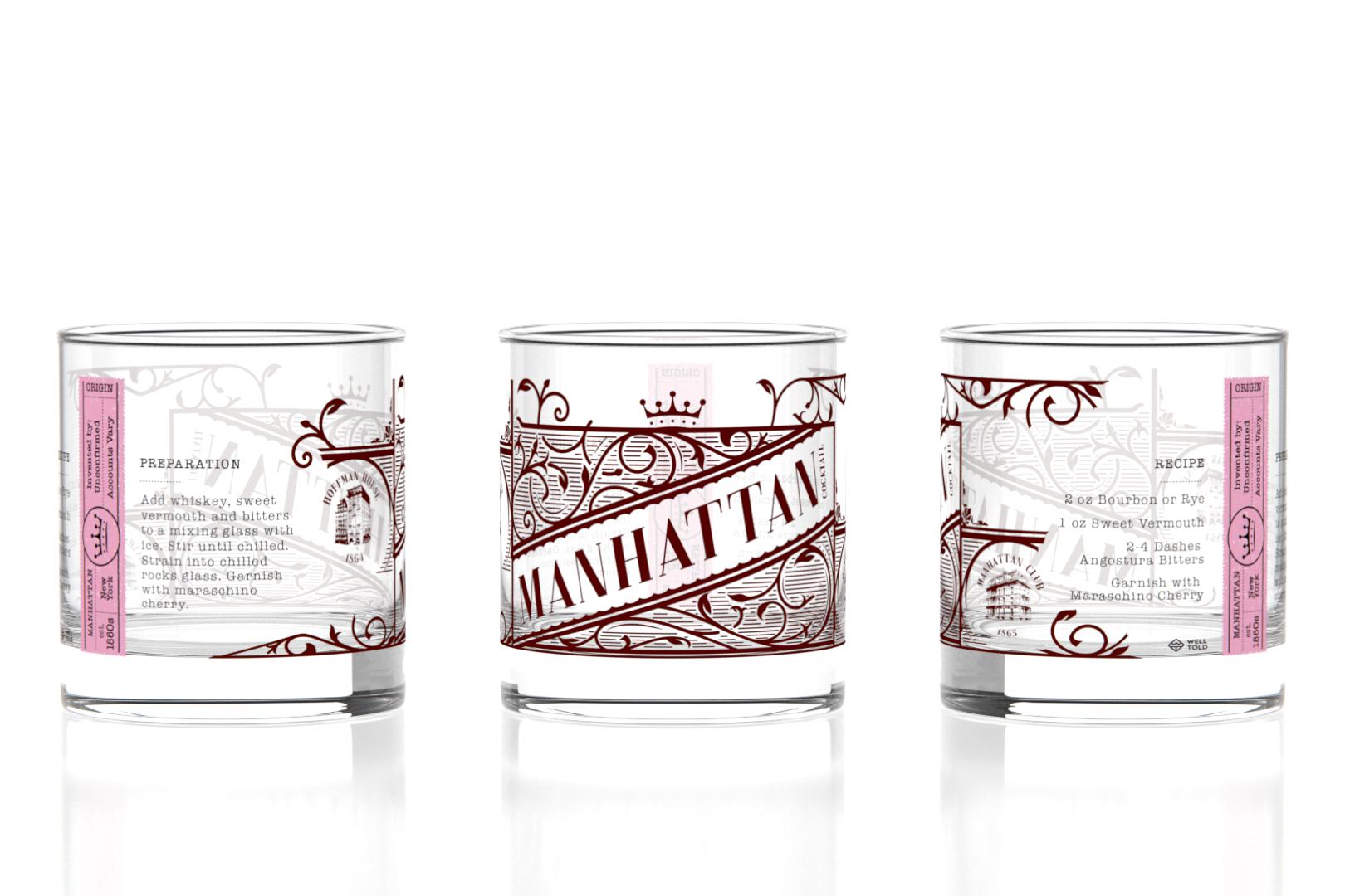 Well Told History of American Cocktails Manhattan Rock Glasses featuring illustrated cocktail designs unique barware gift for home bars Available at Be Charmed