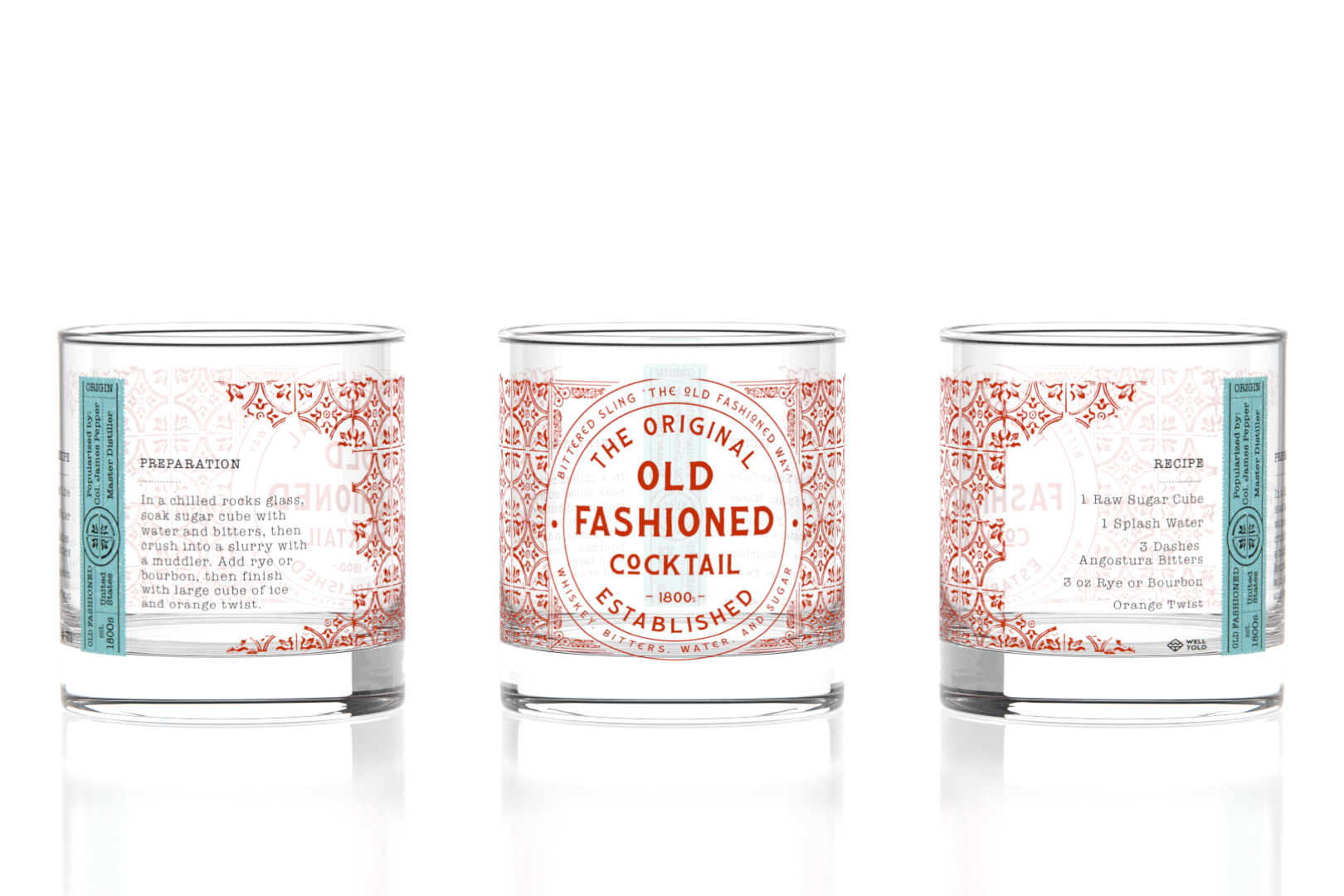 Well Told History of American Cocktails Old Fashioned Rock Glasses featuring illustrated cocktail designs unique barware gift for home bars Available at Be Charmed