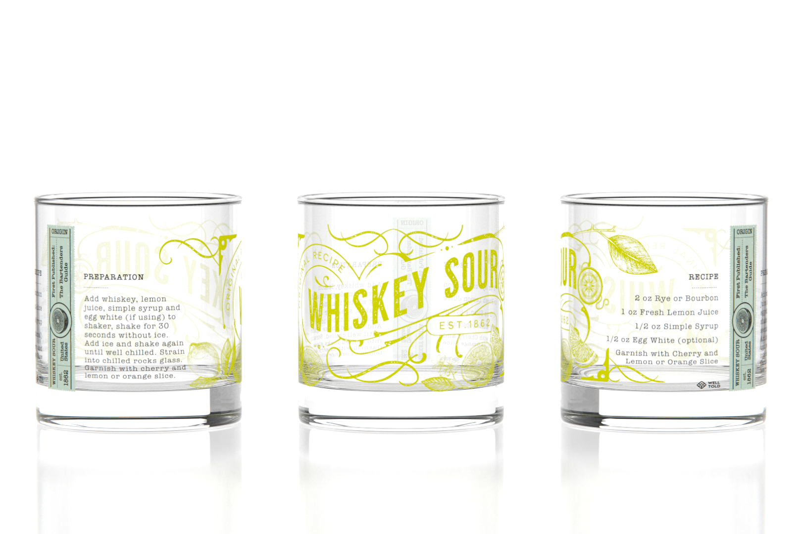 Well Told History of American Cocktails WHiskey Sour Rock Glasses featuring illustrated cocktail designs unique barware gift for home bars Available at Be Charmed