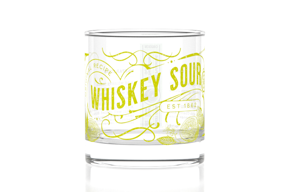 Clear glass with yellow text and design on a white background. Available at Be Charmed