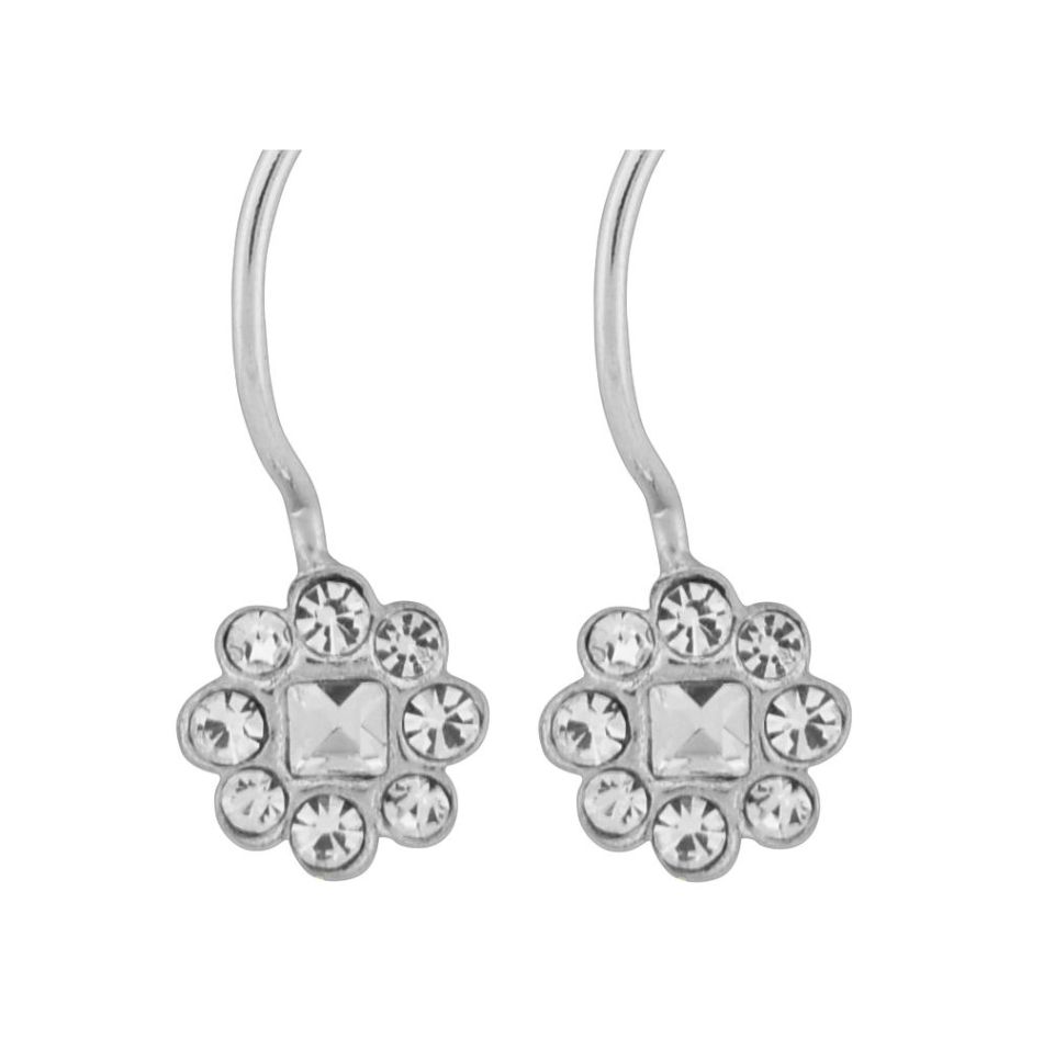 Wheeler Sterling Silver Crystal Dangle Flower Earrings, featuring sparkling crystal floral charms in a polished silver setting, available at Be Charmed.