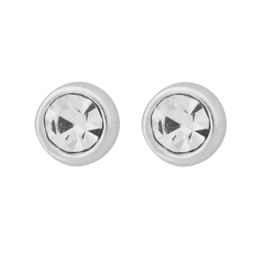 Wheeler Sterling Silver Crystal Round Earrings, classic stud design with sparkling crystal, available at Be Charmed.
