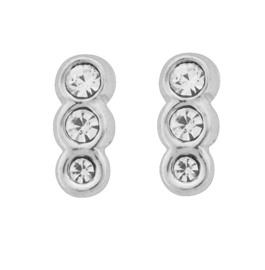 Wheeler sterling silver crystal round stud earrings, polished silver setting with a sparkling solitaire crystal, available at Be Charmed.