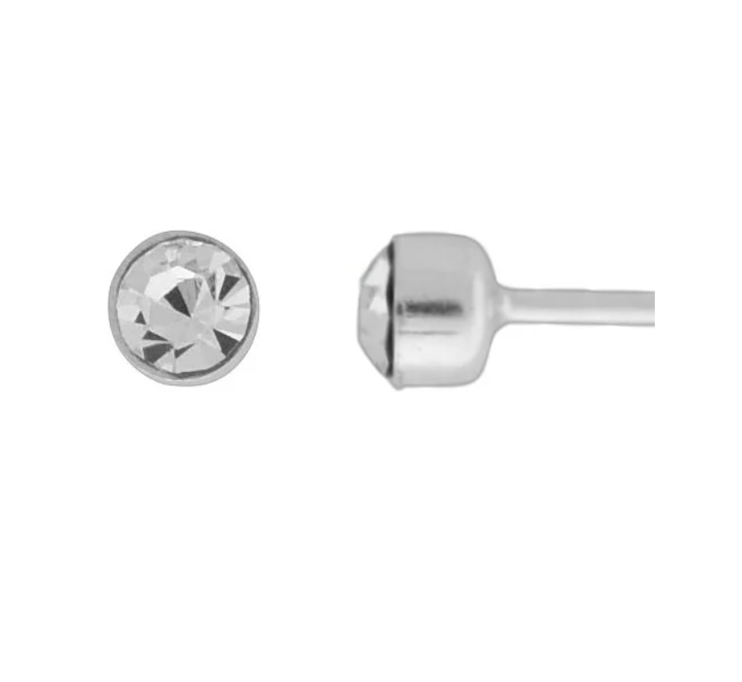 Wheeler sterling silver crystal round stud earrings, polished silver setting with a sparkling solitaire crystal, available at Be Charmed.