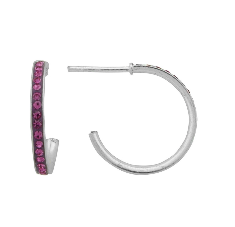 Wheeler Sterling Silver Pink Crystal Hoop Earrings, polished silver hoops featuring sparkling pink crystals, available at Be Charmed.