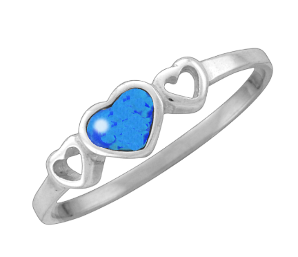 Wheeler Sterling Silver 3 Hearts Blue Opal Ring, featuring three heart-shaped with one blue opal stone in a polished silver band, available at Be Charmed.