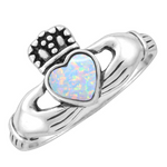 Wheeler Sterling Silver Ring White Opal Claddagh featuring a traditional Irish design with a synthetic white opal centerpiece, available at Be Charmed.