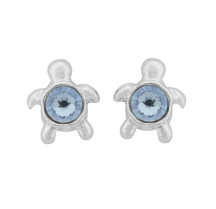 Wheeler Sterling Silver Sapphire Turtle Earrings featuring a cute turtle design with blue sapphire crystals, available at Be Charmed