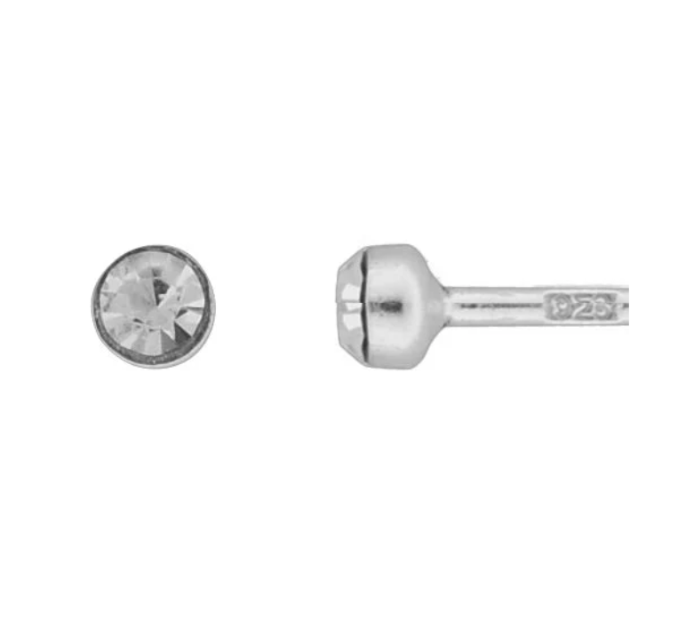 Wheeler Small Sterling Silver Crystal Round Stud Earrings, featuring a delicate solitaire crystal, available at Be Charmed.