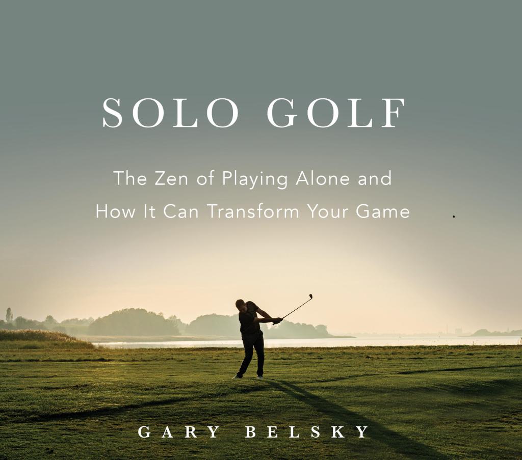 Book cover for 'Solo Golf' by Gary Belsky, featuring a silhouette of a golfer on a golf course under a soft, hazy sky with the title and author name in white text. Available at Be Charmed