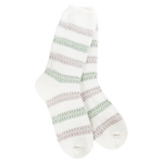 White sock with multicolored stripes on a white background. Available at Be Charmed