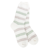 White sock with multicolored stripes on a white background. Available at Be Charmed