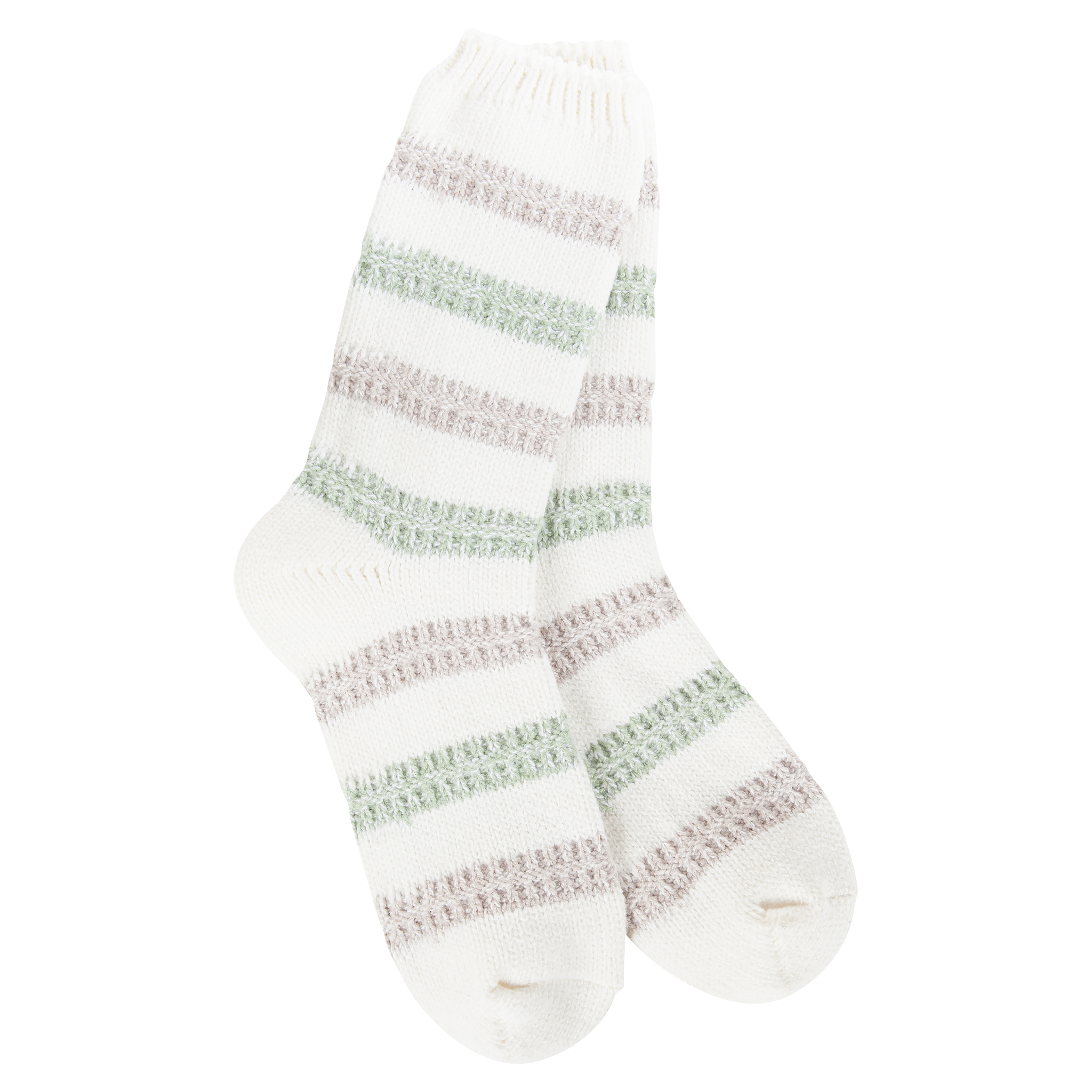 White sock with multicolored stripes on a white background. Available at Be Charmed