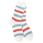 White sock with red and blue horizontal stripes on a white background. Available at Be Charmed