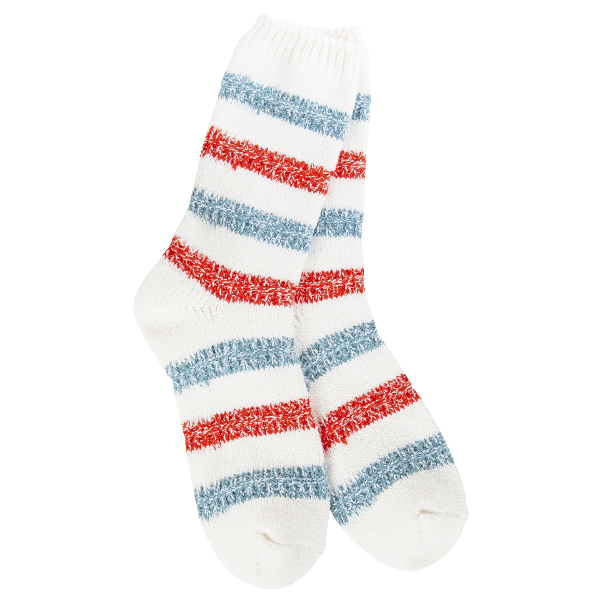 White sock with red and blue horizontal stripes on a white background. Available at Be Charmed