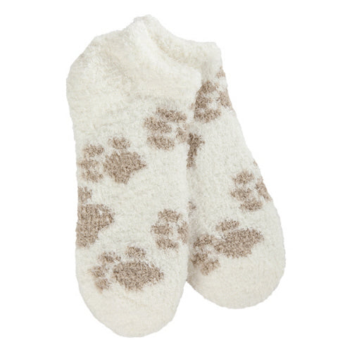 Pair of world softest cream-colored socks with brown paw prints on a white background. Available at Be Charmed. 