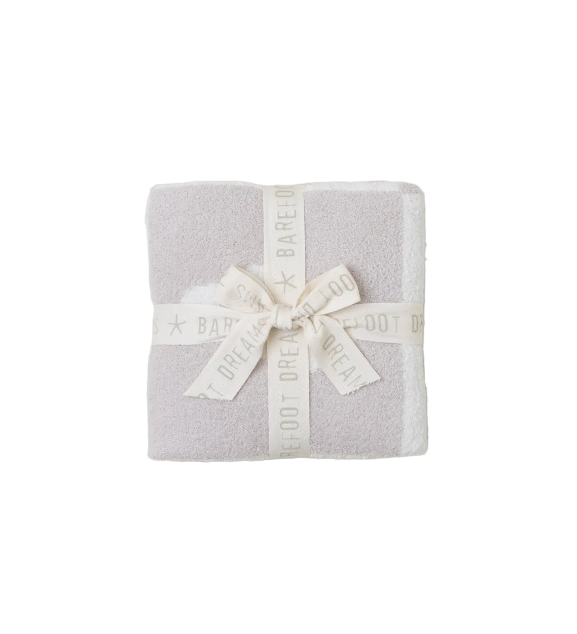 wrapped Cream/Stone CozyChic Cuddle Receiving Blanket by Barefoot Dreams, ultra-soft baby blanket with scalloped edging, available at Be Charmed